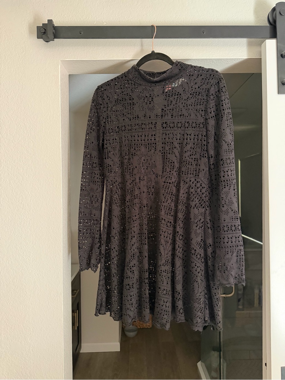 Free People Black Eyelet Long-Sleeve Swing Dress